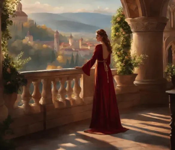 a lady in red dress looking outside