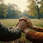 A couple holding hands and praying together in a serene setting