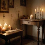 A serene corner with a small table, candles, and religious symbols, bathed in soft light