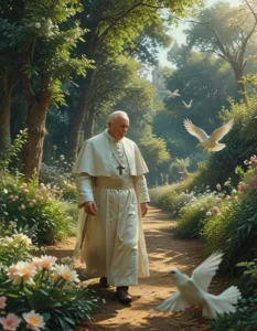 a man in a priest outfit standing on a path with pigeons