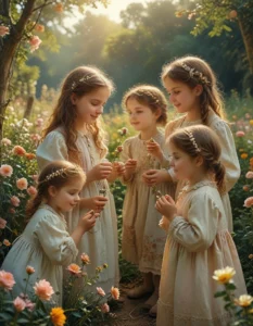 three little girls are in the middle of some flowers